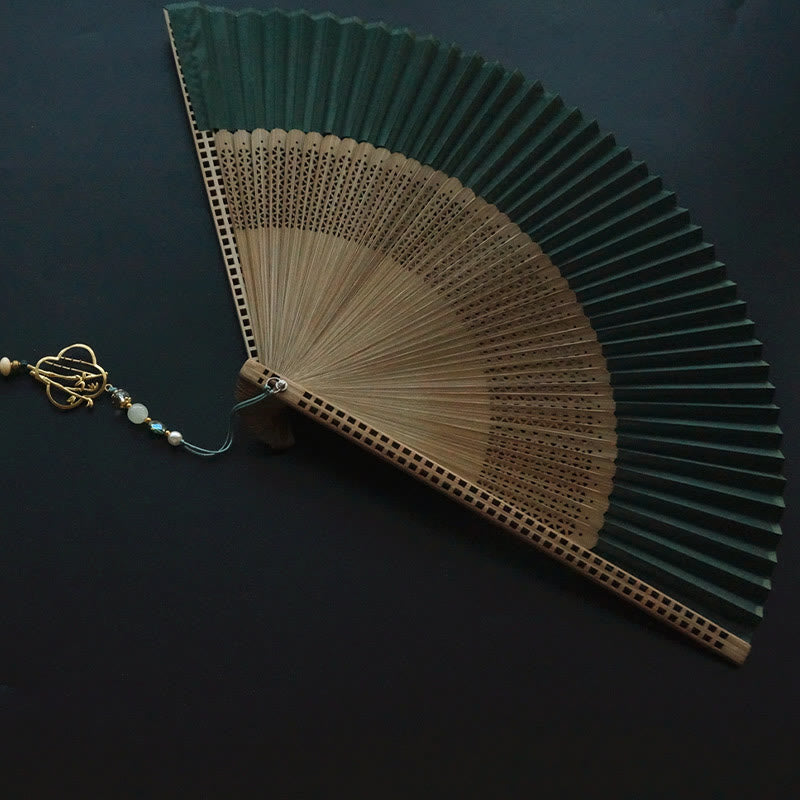22cm Dark Green Chinese Folding Silk Handheld Bamboo Fan