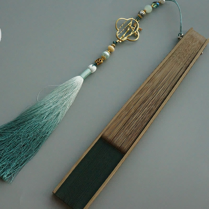 22cm Dark Green Chinese Folding Silk Handheld Bamboo Fan