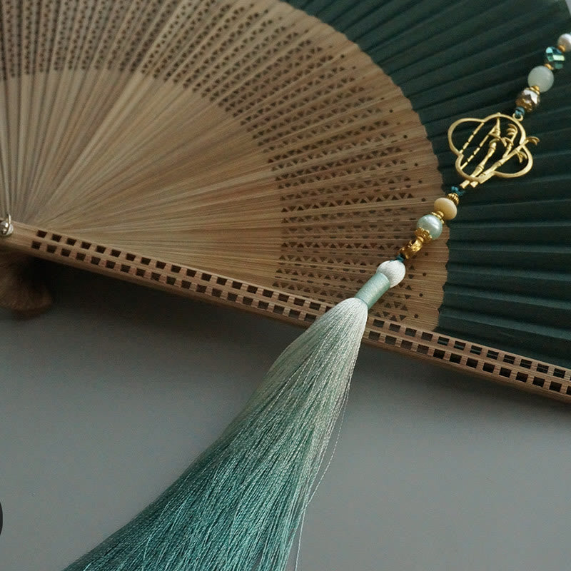 22cm Dark Green Chinese Folding Silk Handheld Bamboo Fan