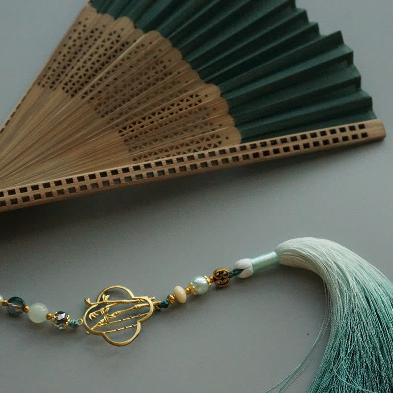 22cm Dark Green Chinese Folding Silk Handheld Bamboo Fan