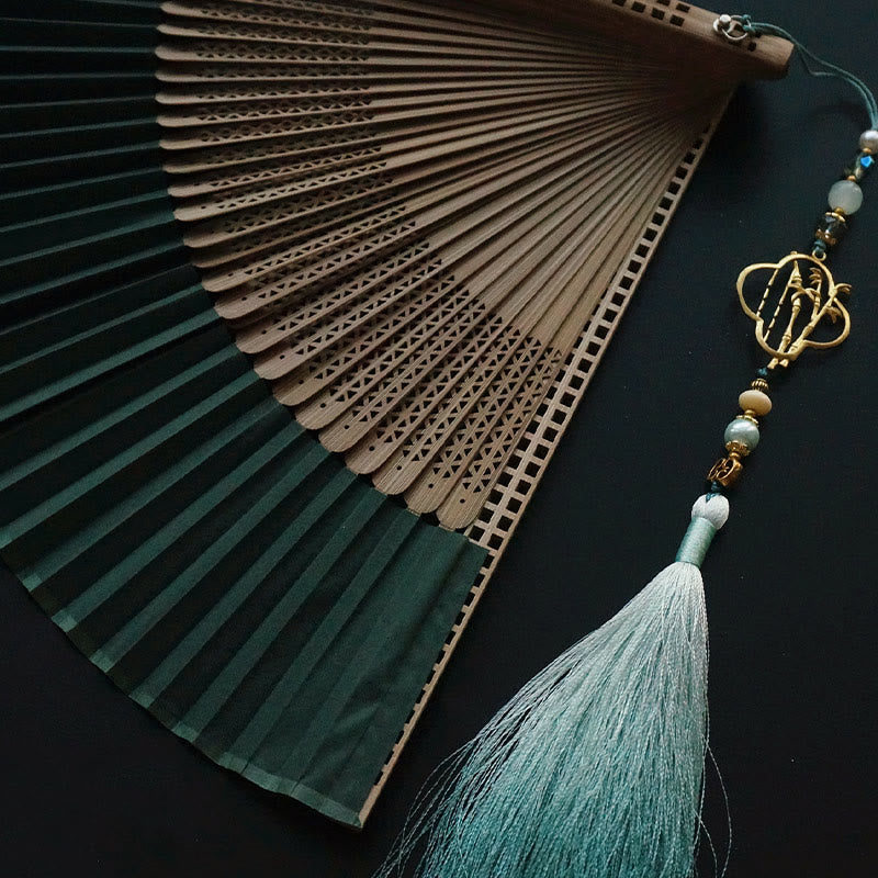 22cm Dark Green Chinese Folding Silk Handheld Bamboo Fan