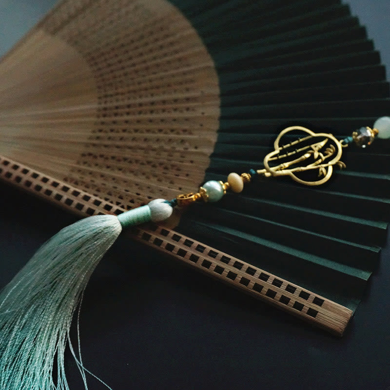 22cm Dark Green Chinese Folding Silk Handheld Bamboo Fan