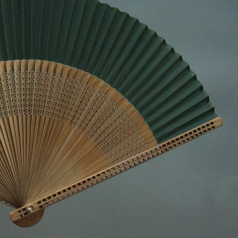 22cm Dark Green Chinese Folding Silk Handheld Bamboo Fan