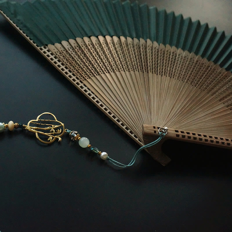 22cm Dark Green Chinese Folding Silk Handheld Bamboo Fan