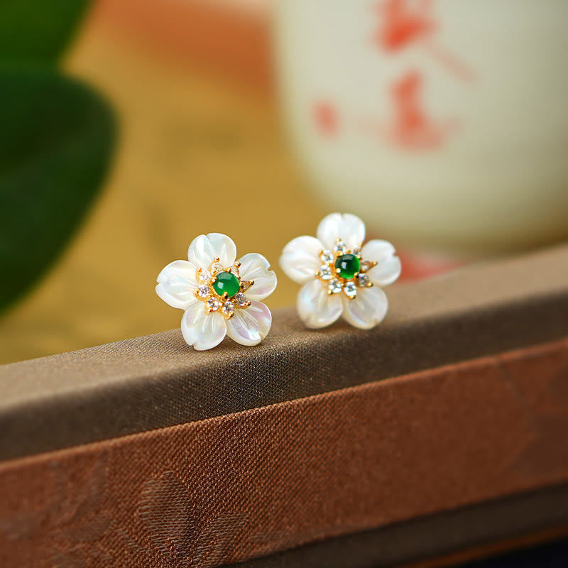 Sterling Silver Jade & Tridacna Flower Earrings