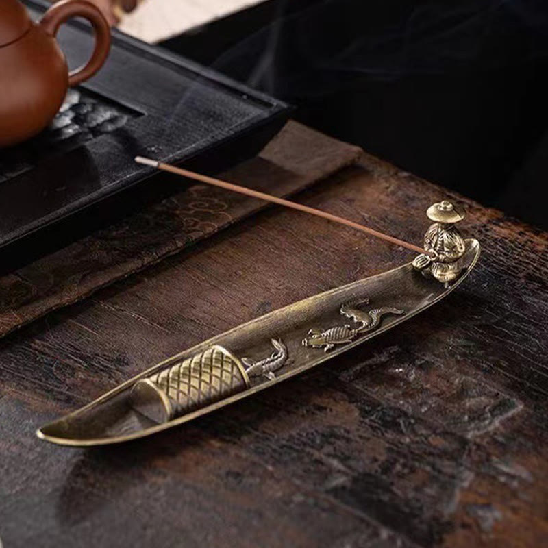 Zinc Alloy Fisherman Koi Fish Incense Burner 21.7cm
