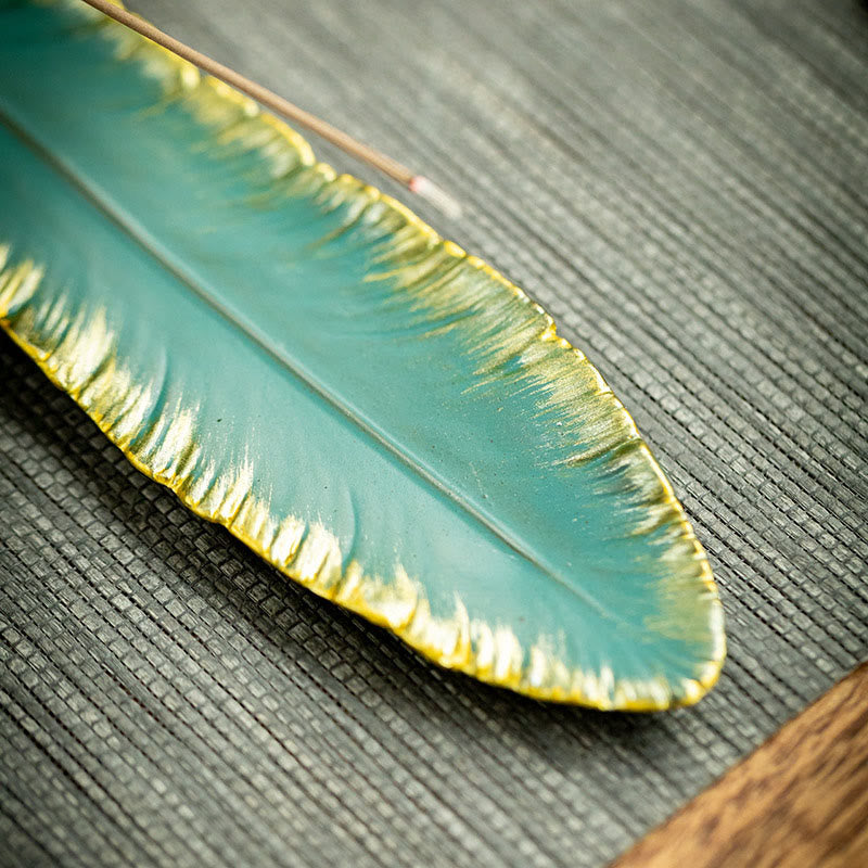 Green Feather Gold Edge Ceramic Incense Burner for Meditation