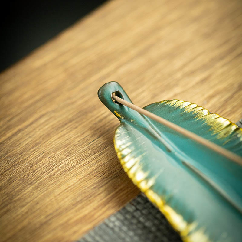 Green Feather Gold Edge Ceramic Incense Burner for Meditation