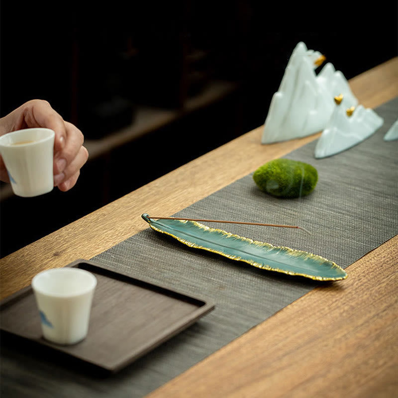 Green Feather Gold Edge Ceramic Incense Burner for Meditation