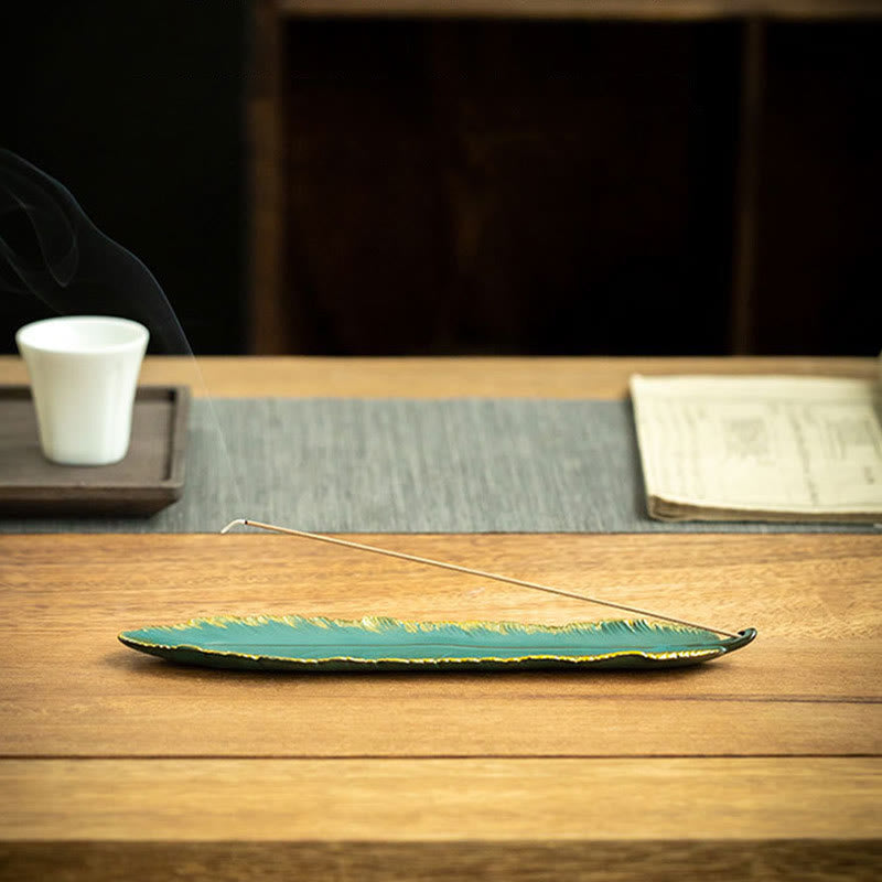 Green Feather Gold Edge Ceramic Incense Burner for Meditation