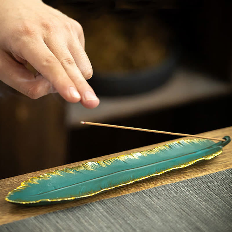 Green Feather Gold Edge Ceramic Incense Burner for Meditation