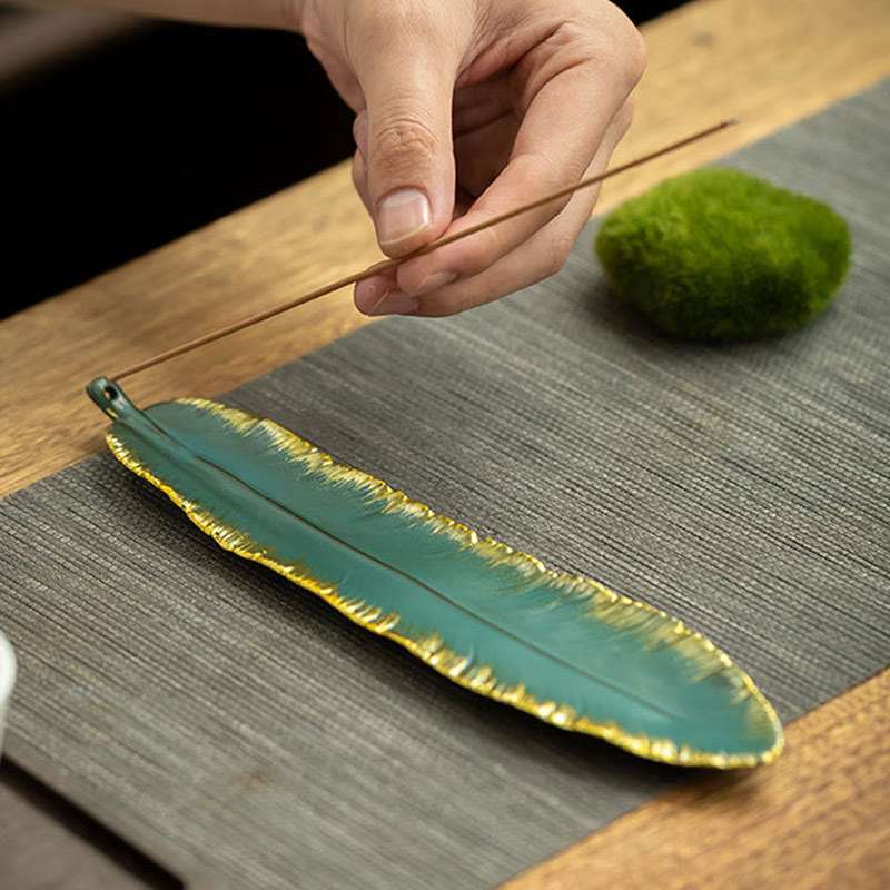 Green Feather Gold Edge Ceramic Incense Burner for Meditation
