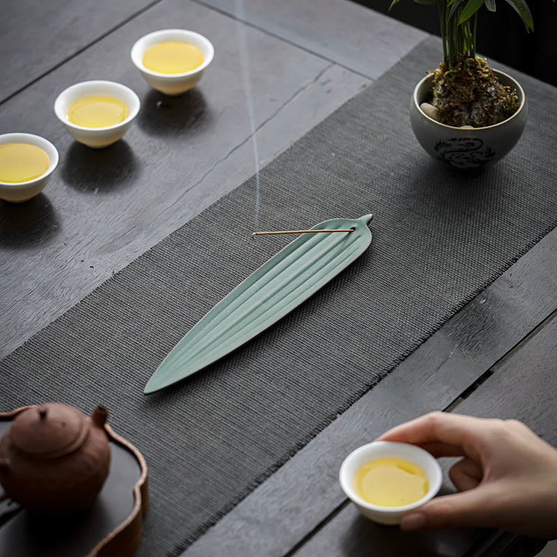 Green Bamboo Leaf Ceramic Incense Burner for Calm Meditation