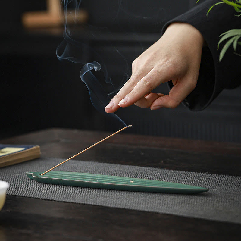 Green Bamboo Leaf Ceramic Incense Burner for Calm Meditation