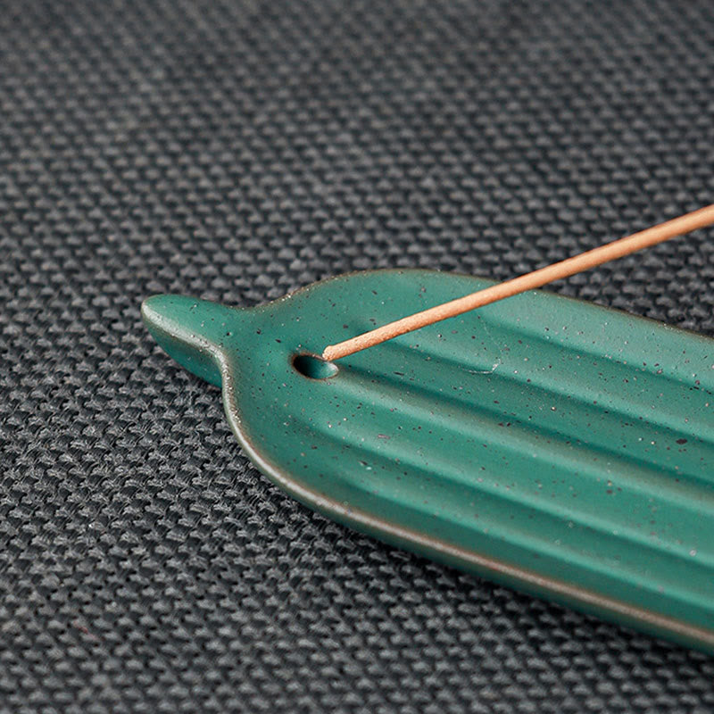 Green Bamboo Leaf Ceramic Incense Burner for Calm Meditation