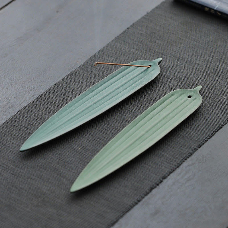 Green Bamboo Leaf Ceramic Incense Burner for Calm Meditation