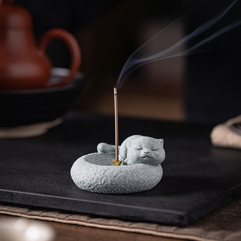 Standing Ceramic Cat Incense Burner 7.6cm for Meditation