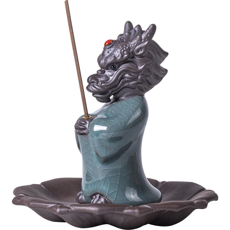 Ceramic Dragon Incense Burner with Lotus Base and Fu Symbol