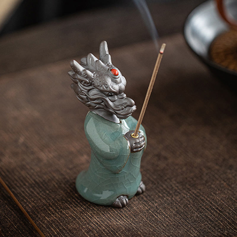 Ceramic Dragon Incense Burner with Lotus Base and Fu Symbol