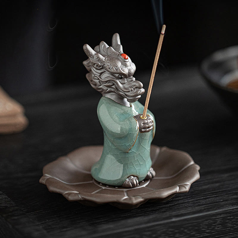 Ceramic Dragon Incense Burner with Lotus Base and Fu Symbol