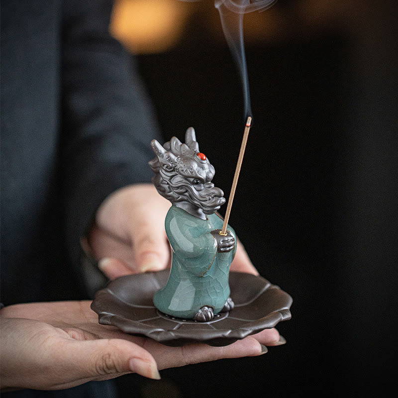 Ceramic Dragon Incense Burner with Lotus Base and Fu Symbol
