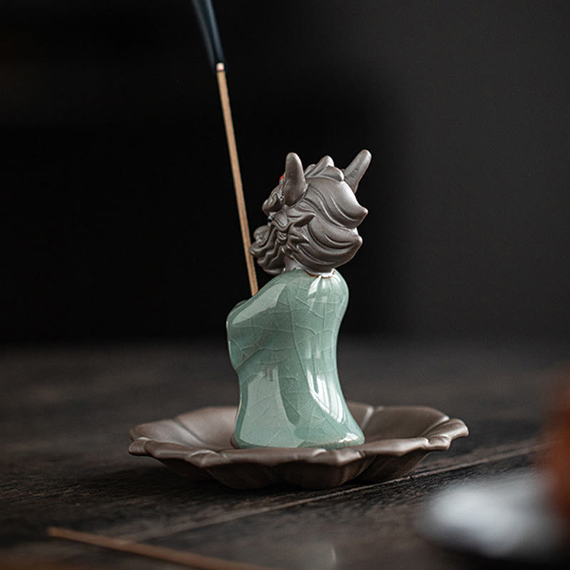 Ceramic Dragon Incense Burner with Lotus Base and Fu Symbol