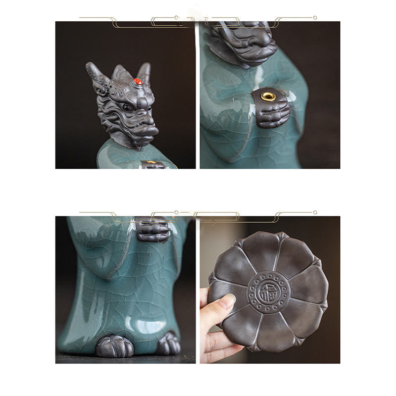 Ceramic Dragon Incense Burner with Lotus Base and Fu Symbol
