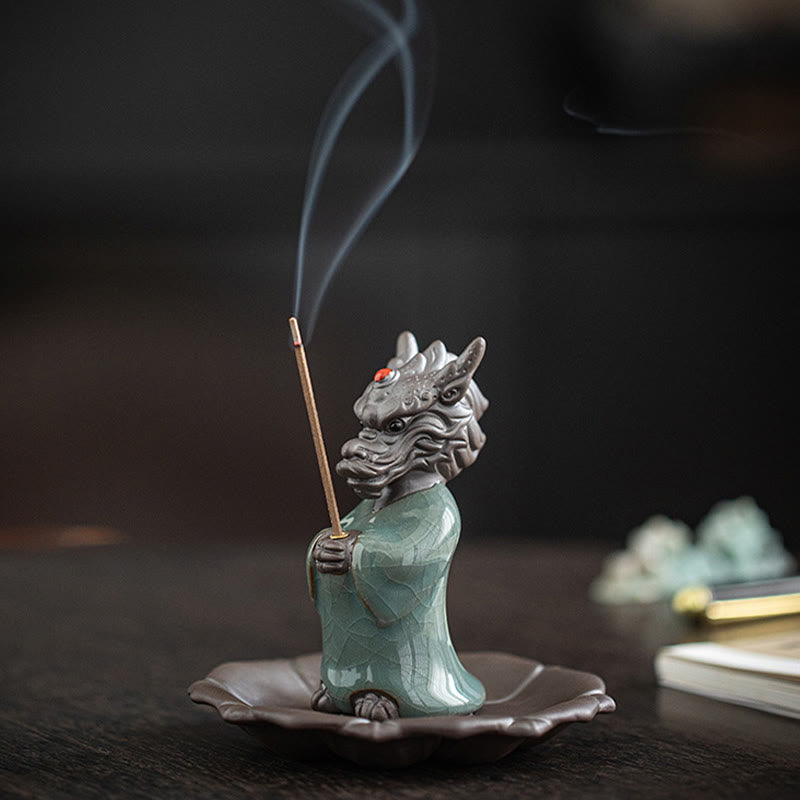 Ceramic Dragon Incense Burner with Lotus Base and Fu Symbol
