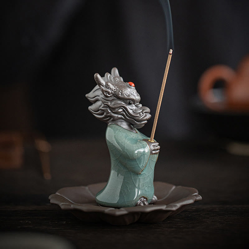 Ceramic Dragon Incense Burner with Lotus Base and Fu Symbol