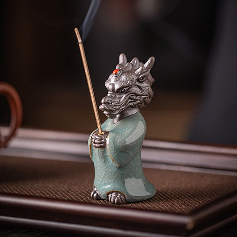 Ceramic Dragon Incense Burner with Lotus Base and Fu Symbol