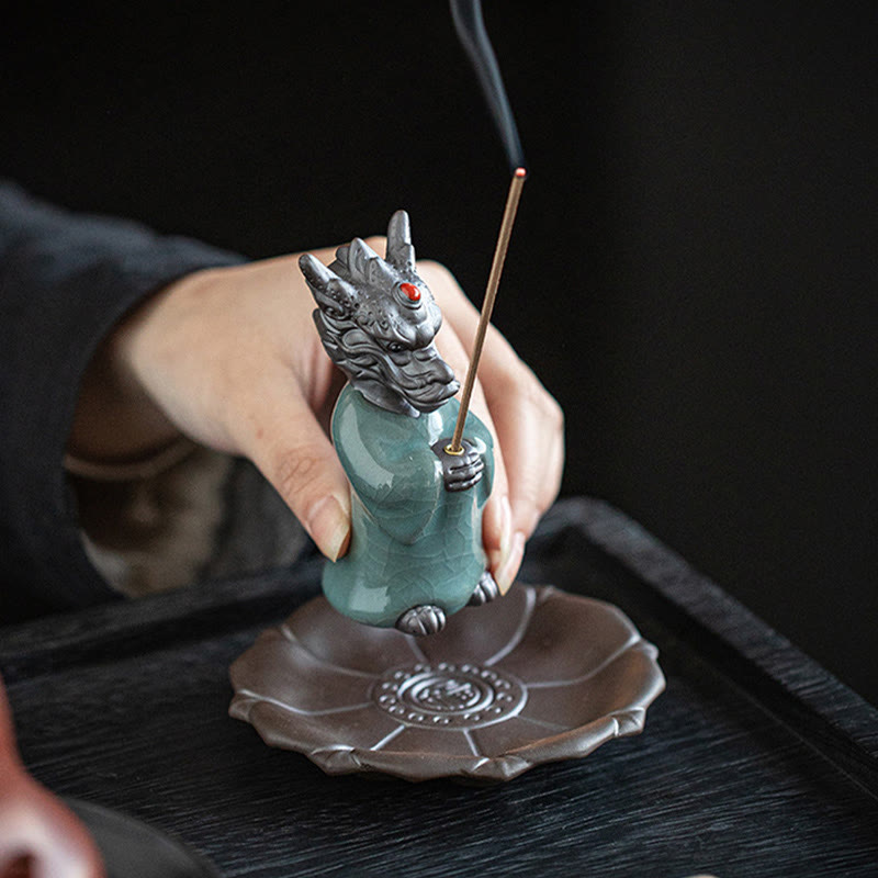 Ceramic Dragon Incense Burner with Lotus Base and Fu Symbol