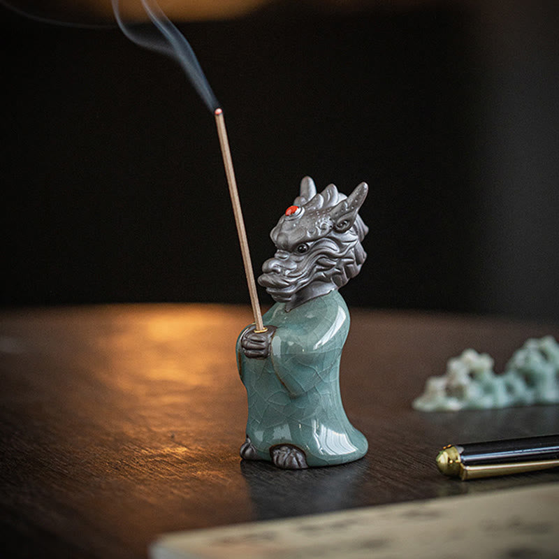 Ceramic Dragon Incense Burner with Lotus Base and Fu Symbol