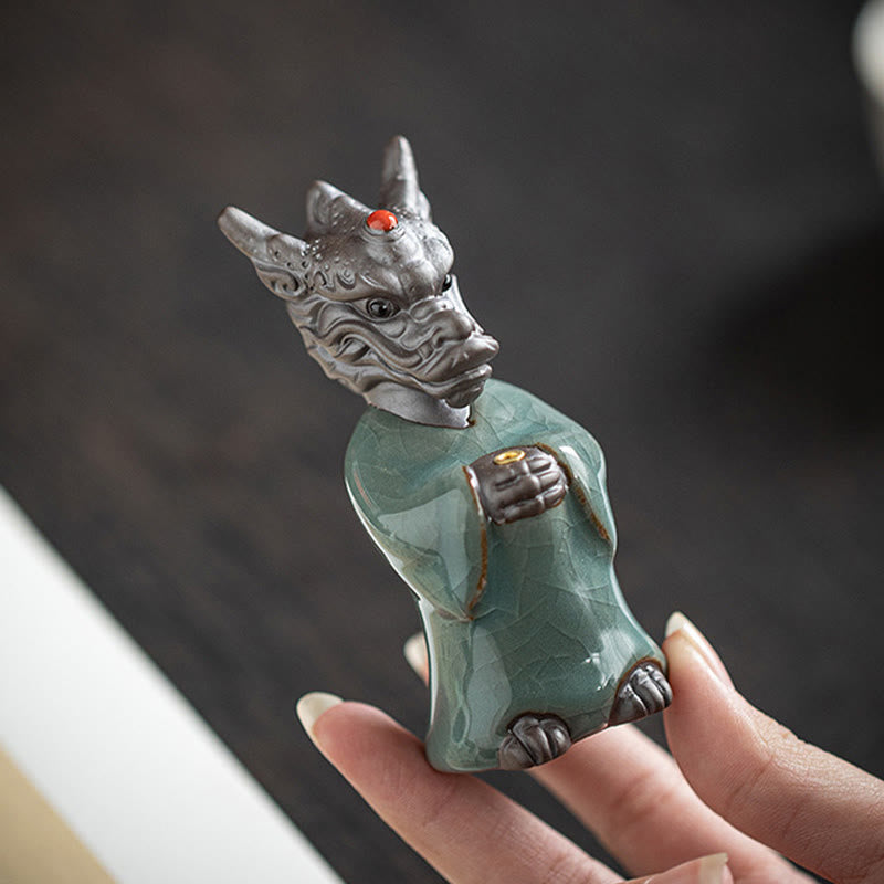 Ceramic Dragon Incense Burner with Lotus Base and Fu Symbol
