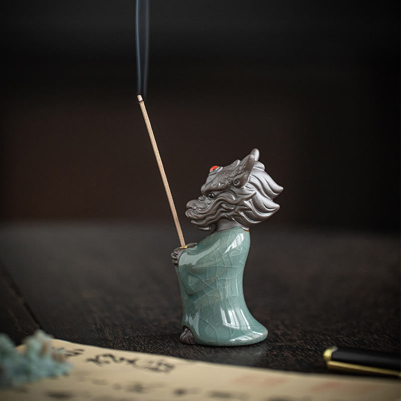 Ceramic Dragon Incense Burner with Lotus Base and Fu Symbol