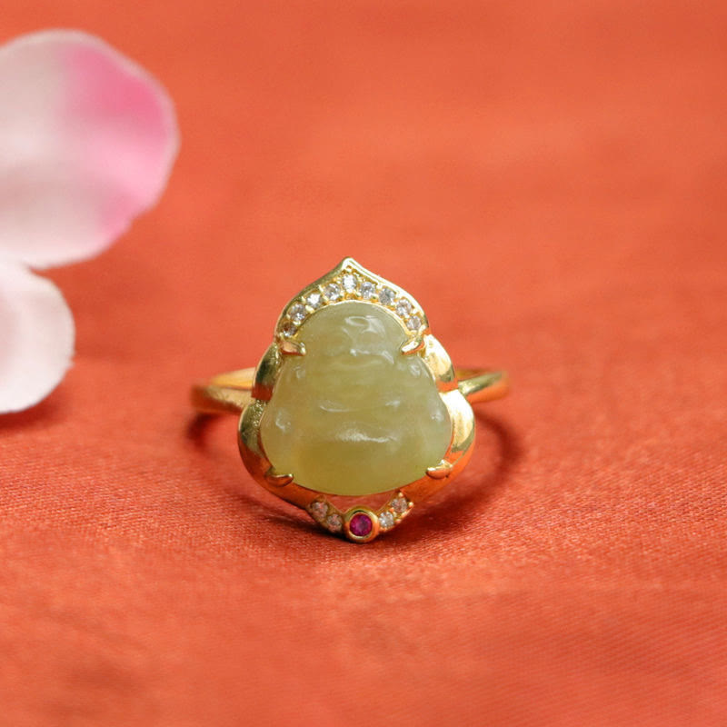 8mm Hetian Jade Laughing Buddha Ring for Luck and Prosperity