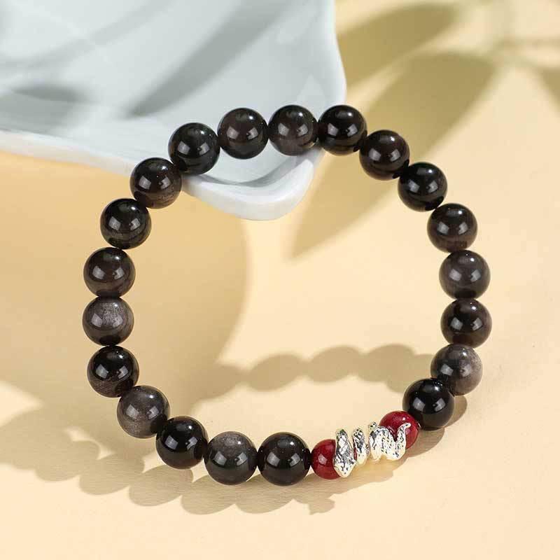 8mm Silver Sheen Obsidian Protection Bracelet with Cinnabar Snake