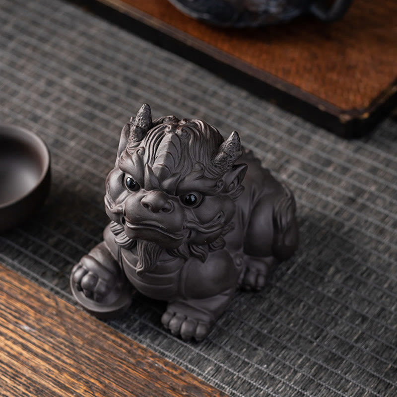 Pixiu Ingot Ball Purple Clay Ceramic Wealth Figurine 11.5cm