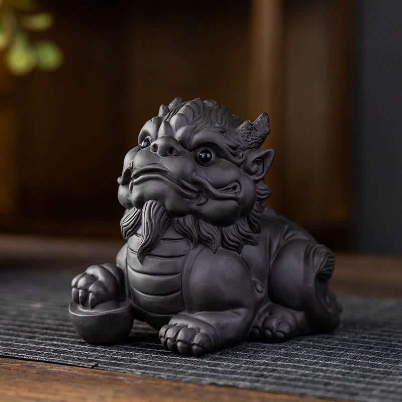 Pixiu Ingot Ball Purple Clay Ceramic Wealth Figurine 11.5cm