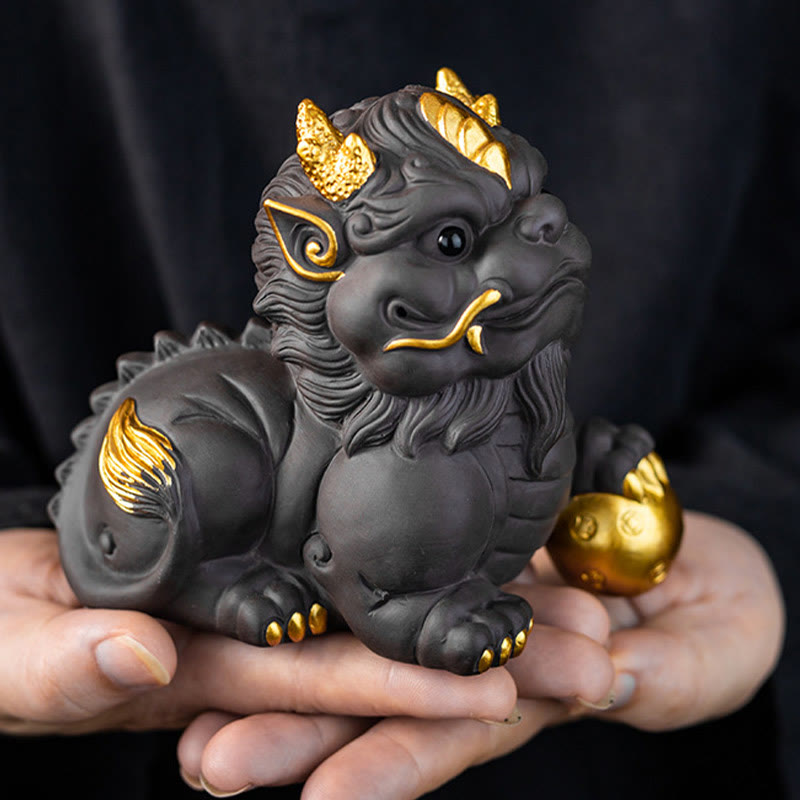 Pixiu Ingot Ball Purple Clay Ceramic Wealth Figurine 11.5cm