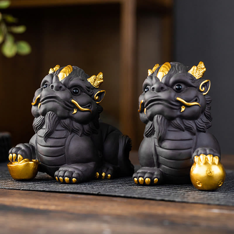 Pixiu Ingot Ball Purple Clay Ceramic Wealth Figurine 11.5cm
