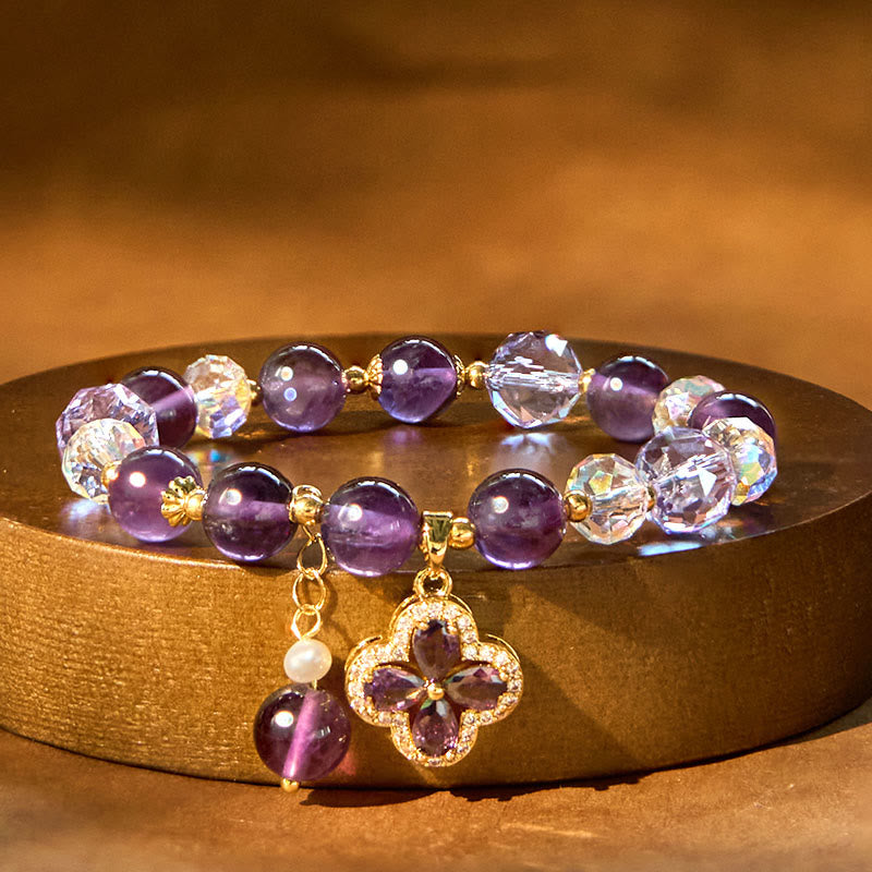 Natural Amethyst Spiritual Healing Bracelet with Four Leaf Clover Charm