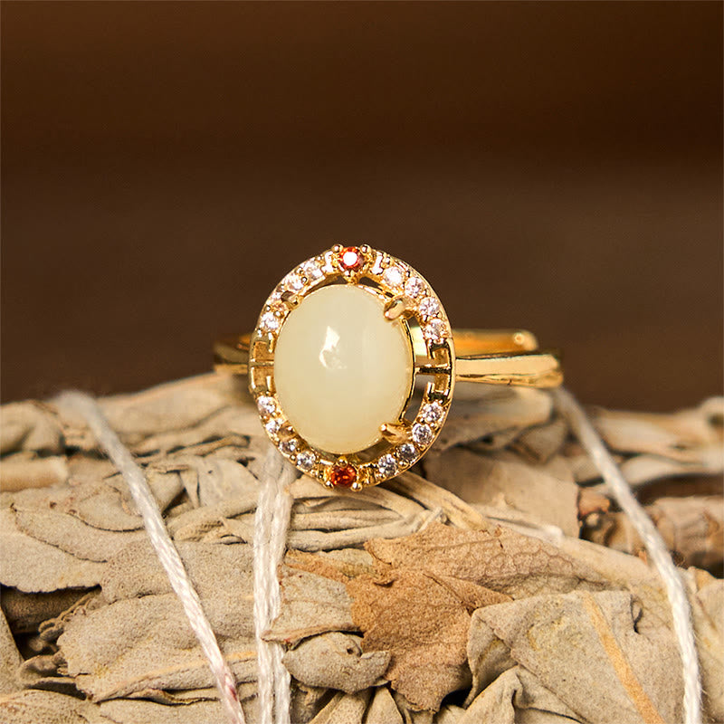 8x10mm Hetian Jade Luck Ring with Zirconia in Copper