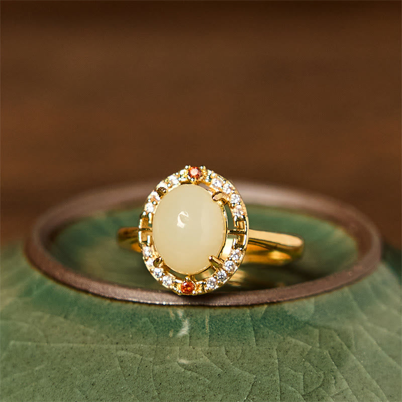 8x10mm Hetian Jade Luck Ring with Zirconia in Copper