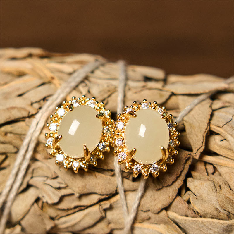 Natural Hetian Jade Prosperity Earrings with Copper Base
