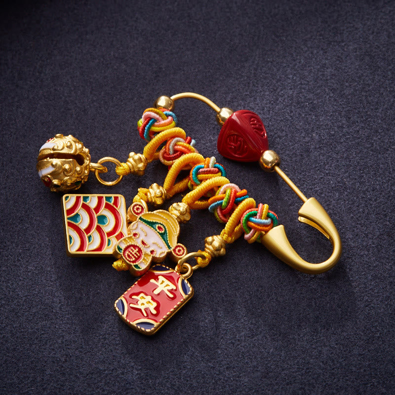 Cinnabar Copper Fu Character Caishen Brooch for Wealth & Protection