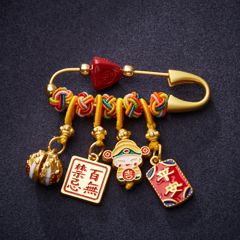 Cinnabar Copper Fu Character Caishen Brooch for Wealth & Protection