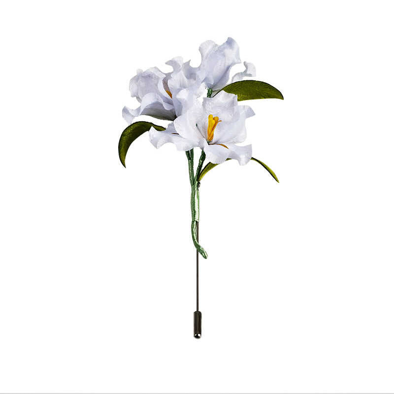 Handmade White Iris Flower Brooch in Mulberry Silk