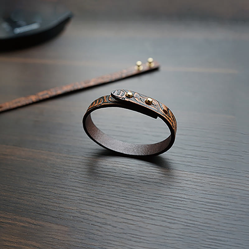 Vintage Printed Leather Spiritual Bracelet with Copper Balance