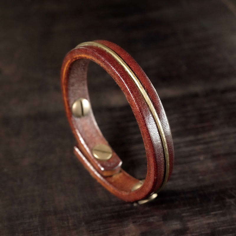 Vintage Leather Copper Spiritual Protection Bracelet - 16-16.6cm