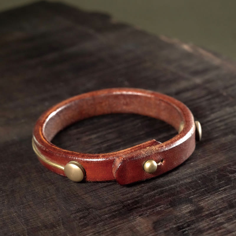 Vintage Leather Copper Spiritual Protection Bracelet - 16-16.6cm